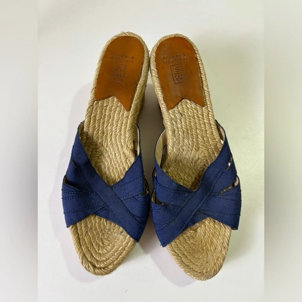 Stubbs & Wootton Kelly Navy Blue Wedge Jute Estate Espadrille  Sandals 36EU 6 US